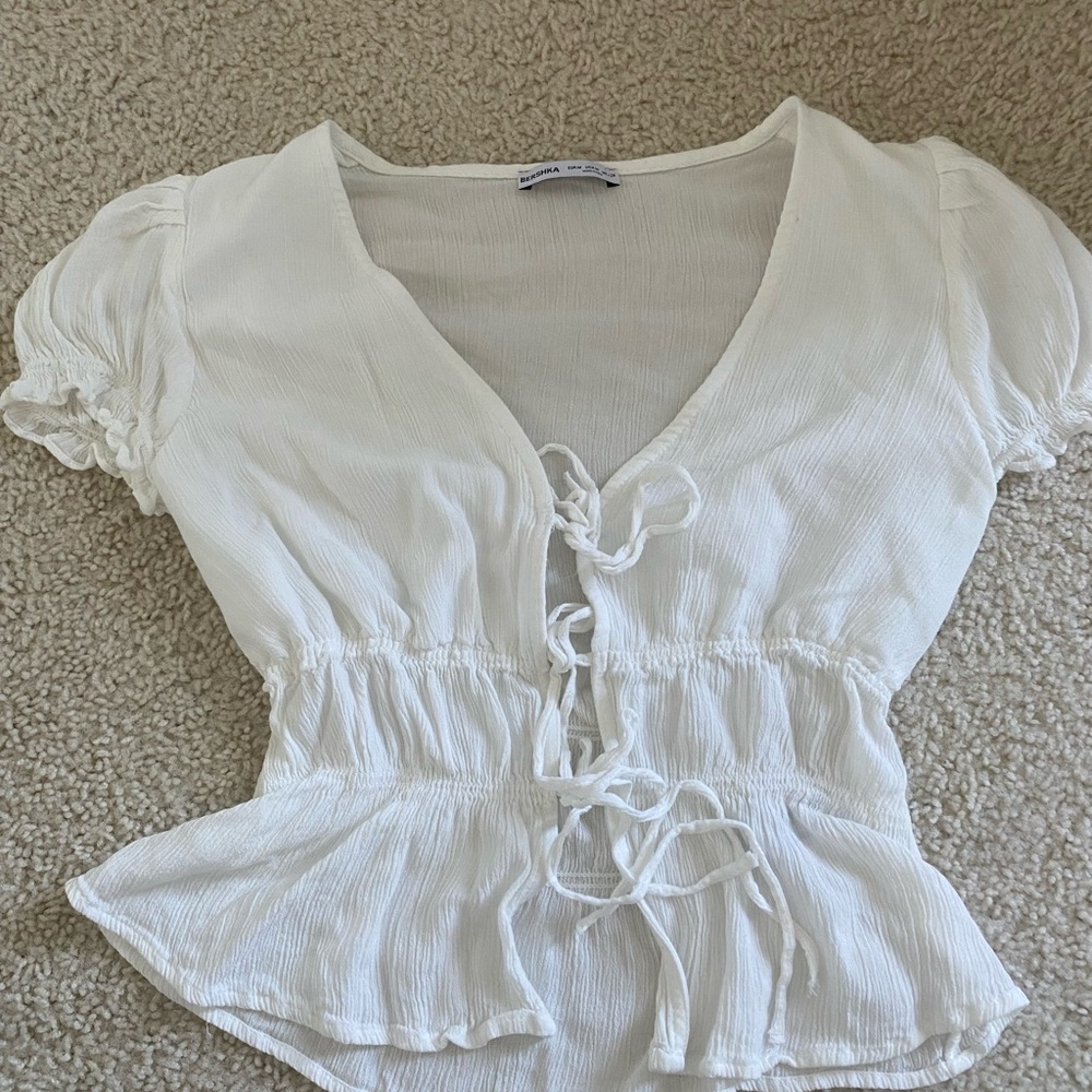 Bershka White Ruched Tie-Front Blouse